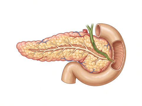 Pancreas displays anatomical structure with the attached duodenum and common bile duct in this detailed medical illustration.