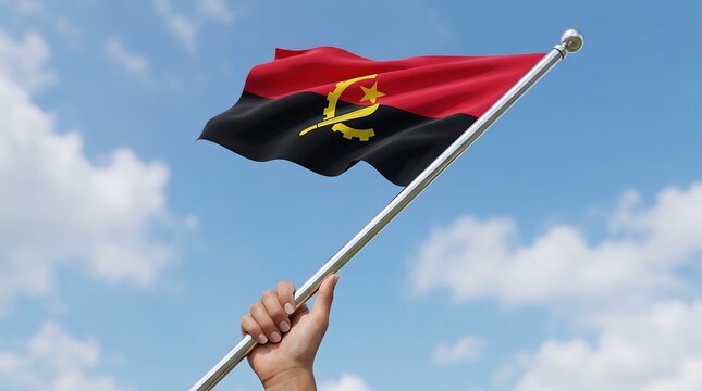 Low angle view of hand holding national flag of Angola waving against cloudy blue sky