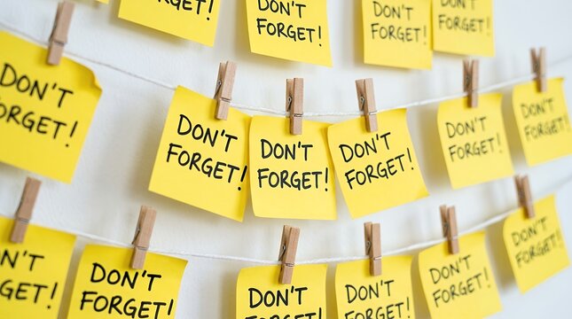 Yellow sticky notes with Don't Forget text hanging on clothesline, reminder adhesive paper notes with wooden clips, memory aid concept for business and home