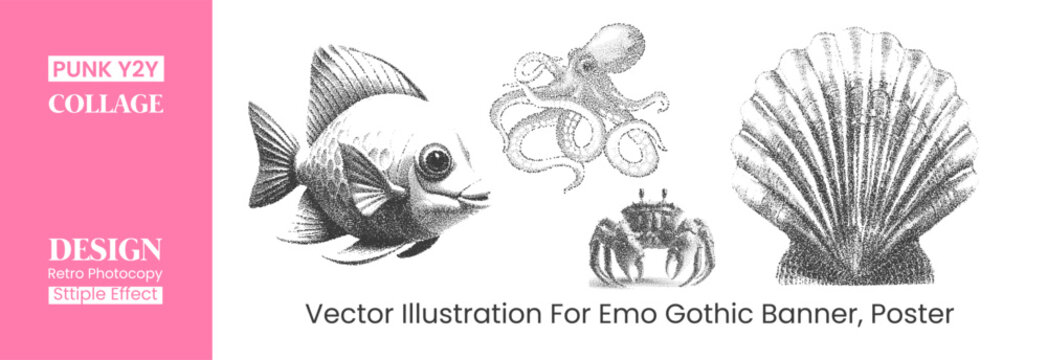 Set of marine animals in stipple effect, vintage engraving style fish, octopus, crab and seashell vector illustrations for emo gothic banner, poster, or sticker design