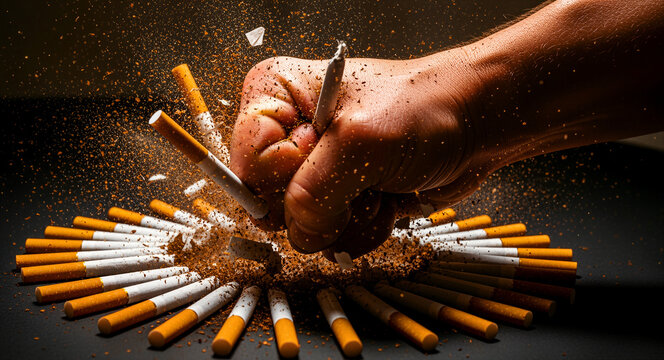 Clenched fist smashing a circle of cigarettes with tobacco exploding. Powerful hand crushing tobacco products on a dark background. Anti-smoking concept for health awareness and recovery campaigns.