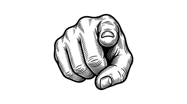 Hand pointing forward displays a classic black and white engraved style gesture that represents a direct call to action for the viewer.