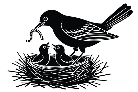 Black and white silhouette illustration of a mother bird feeding its hungry chicks in a nest with a worm