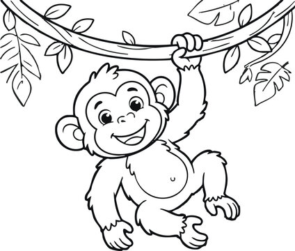 Happy cartoon chimpanzee hanging from a leafy green vine monkey primate