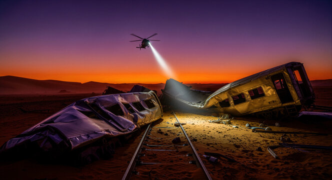Helicopter shines spotlight on wrecked train in desert at sunset. Emergency rescue team surveys derailed locomotive crash site. Disaster response concept for emergency services marketing.