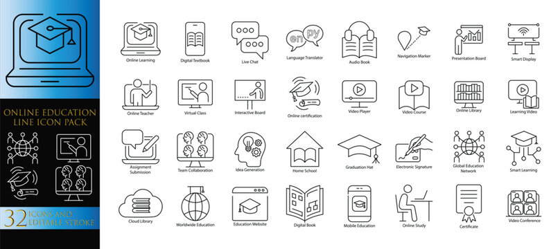 Online Education Line Icon Pack Vector Set for Digital Learning with Editable Stroke Including Online Learning, Virtual Class, Online Library, Video Conference and Certificate.