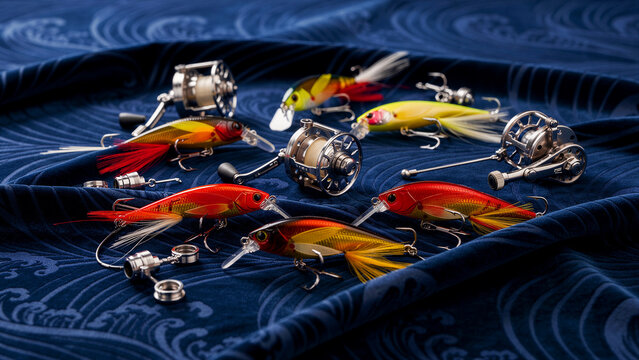 Colorful fishing lures and metallic reels on blue patterned fabric. Vibrant crankbaits arranged with professional tackle gear. Ideal for outdoor sports marketing and angler hobby campaigns.