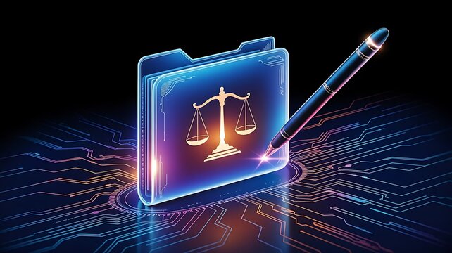 Abstract digital legal technology background, with a glowing, folder featuring a, balance scale symbol, and a pen, on a dark, circuit board pattern