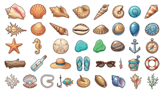 Various sea shells, marine life, and beach accessories are beautifully illustrated in a vibrant cartoon style, perfect for summer and ocean-themed designs.