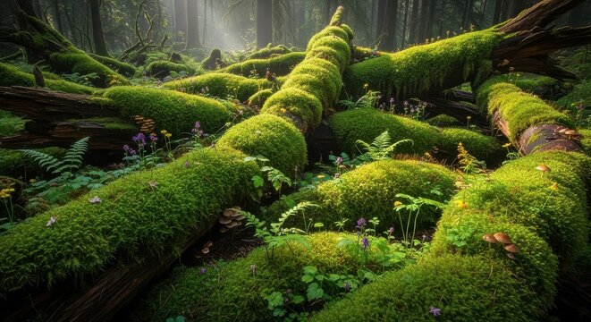Lush green moss covered fallen logs in a sun-dappled forest
