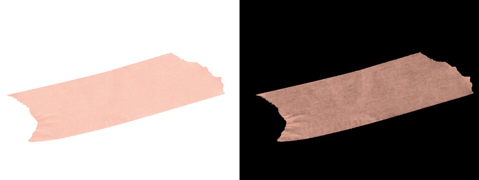Irregular torn peach pink washi masking tape piece on white and black background, adhesive tape collage or scrapbook texture element