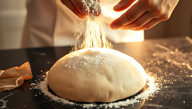Baker Dusting Flour over Dough Close Up Stock Photography