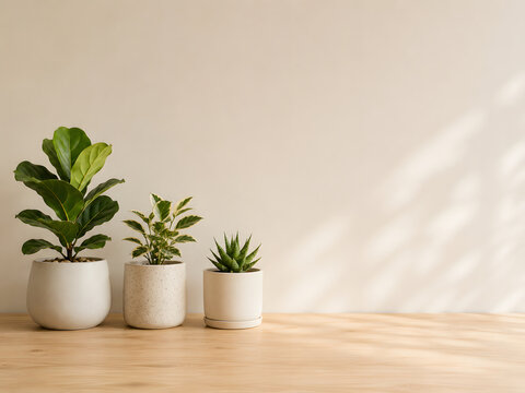 Minimal Indoor Plants on Wooden Table with Neutral Background
