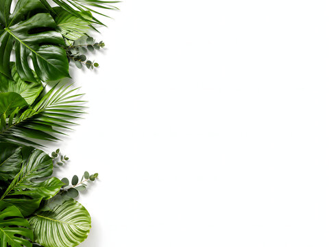 Green Tropical Leaf Border on White Background with Copy Space