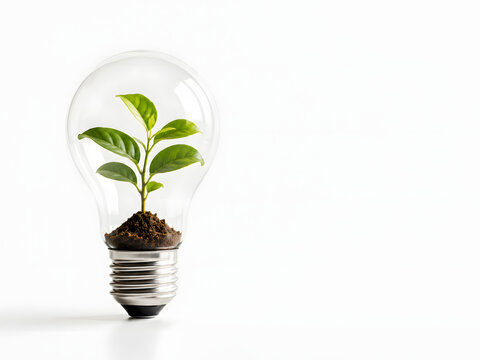 Green Plant Growing Inside Glass Light Bulb on White Background