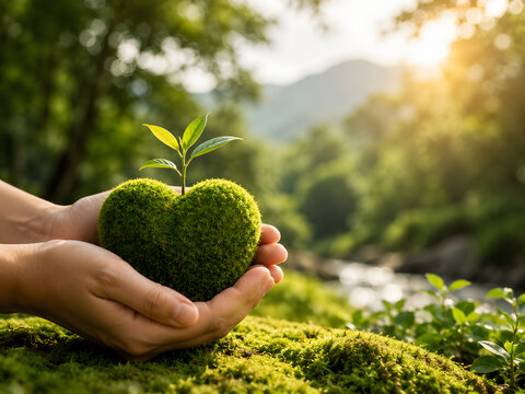 Hands Holding Moss Heart with Green Sprout in Natural Forest Setting