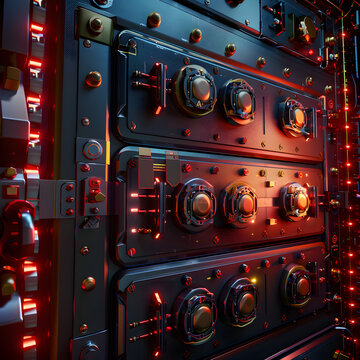 Futuristic digital vault with glowing red controls