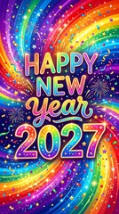 Fototapeta premium Happy new year 2027 greeting with colorful fireworks and confetti celebration.
