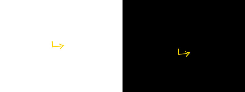 Small yellow hand-drawn curved arrow pointing right on white and black background, subtle turn or next direction symbol