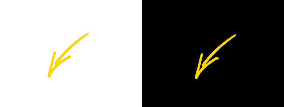 Yellow thin hand-drawn diagonal arrow pointing down and left on white and black background, subtle direction or decline symbol