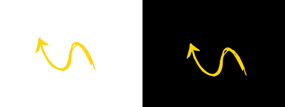 Yellow hand-drawn wavy arrow pointing upward to the right on white and black background, growth trend or progress symbol in doodle style