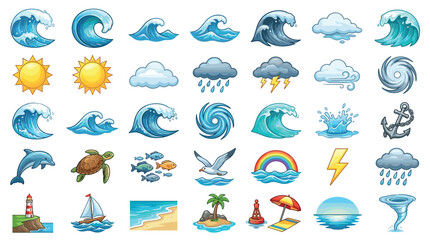 Obraz premium Cartoon ocean weather marine life elements collection set featuring a wide variety of nautical and atmospheric symbols, perfect for educational or design projects.