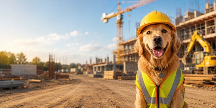 Friendly golden retriever wearing a construction helmet and high visibility safety vest at a building site. Workplace safety, engineering, and construction industry concept