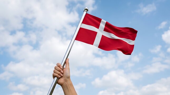 Person holding Denmark national flag waving in wind against blue sky with light clouds outdoors