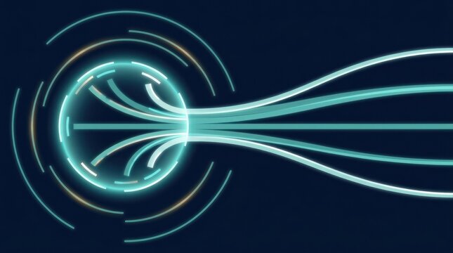 Central data synchronization flow completing partial inputs into consistent outward streams on a dark navy technology background with horizontal copy space
