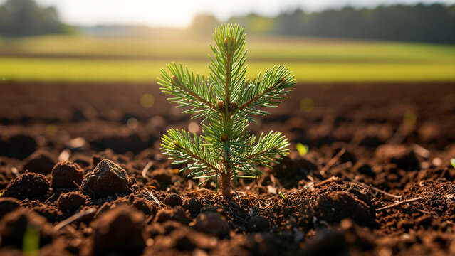 Small pine seedling growing from fertile soil in a cultivated field. Young evergreen tree sapling emerges from dark earth at sunset. Sustainability and reforestation concept for ecology campaigns.