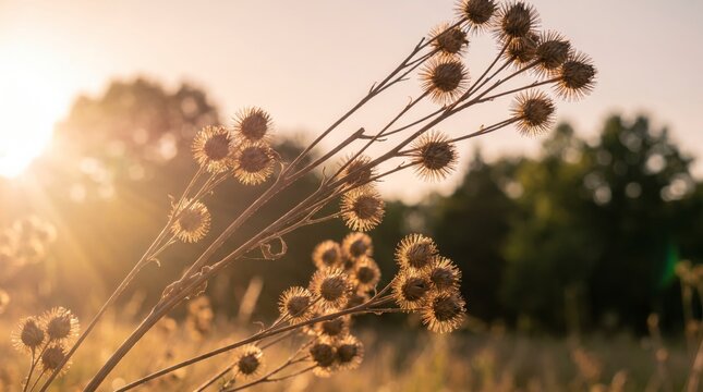 Golden hour burdock seed heads silhouetted against a radiant sunlit meadow background for a warm peaceful nature atmosphere featuring dried wild plant textures with displays close perspective