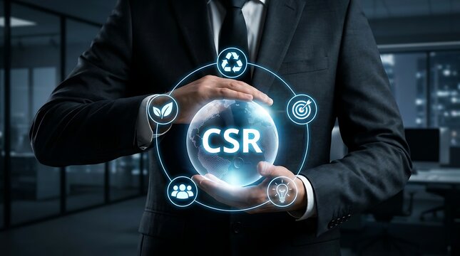 A business professional holds a glowing digital sphere with csr letters representing corporate social responsibility and sustainable business practices in a modern office