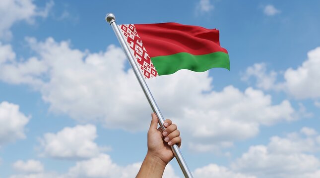 Person holding waving national flag of Belarus on silver pole against bright blue sky background
