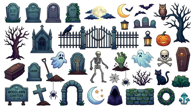 Halloween cemetery spooky graveyard elements collection set features various creepy objects like tombstones, ghosts, skeletons, pumpkins, and bats for a festive design.