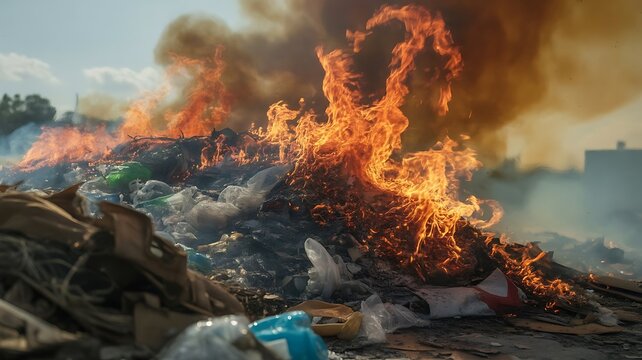 Large pile of household waste and plastic trash burning in an open field creating thick dark smoke and bright orange flames in the environment