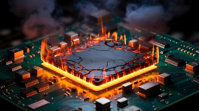 Overheated computer processor chip on a green circuit board glowing with intense orange flames and smoke representing hardware failure and damage