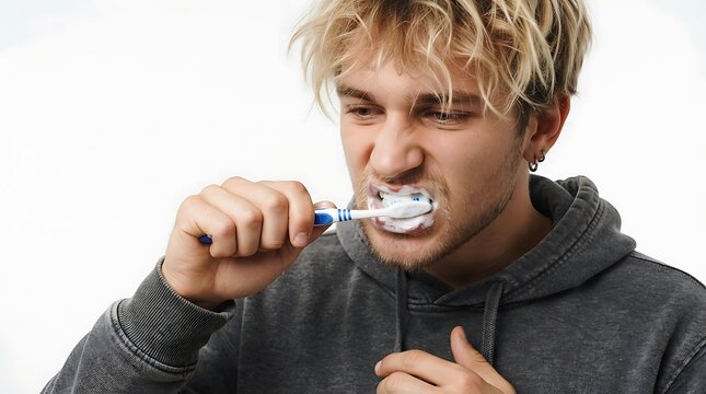Obscure face of guy brushing teeth with toothpaste. Partial image of young blonde hairy man of zoomer generation. Concept of dental care and hygiene. Isolated on white background. Studio shoot