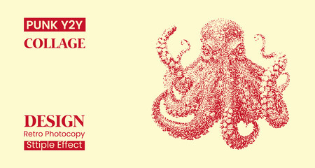 Stipple effect octopus illustration, vintage red ink drawing on cream background, punk y2k aesthetic collage design element, retro photocopy texture style © MDMahmudul