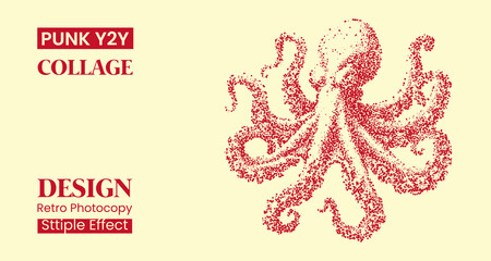 Stipple effect octopus illustration, red dotwork marine animal graphic on beige background, retro photocopy style punk y2k collage design element © MDMahmudul