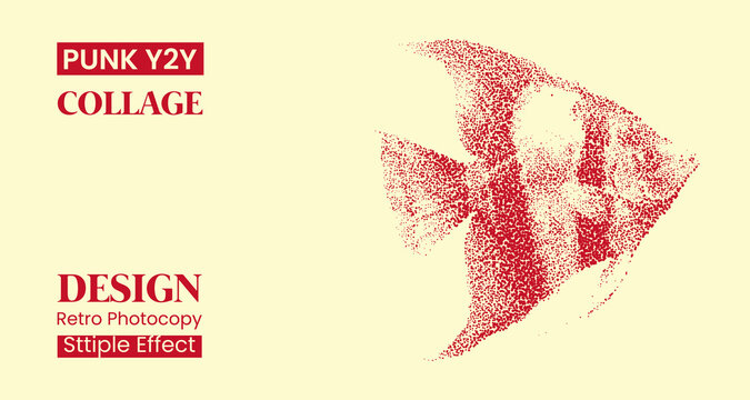 Stipple effect angelfish illustration, red dot art style on cream background, punk y2k aesthetic graphic design, retro photocopy texture, minimalist fish art