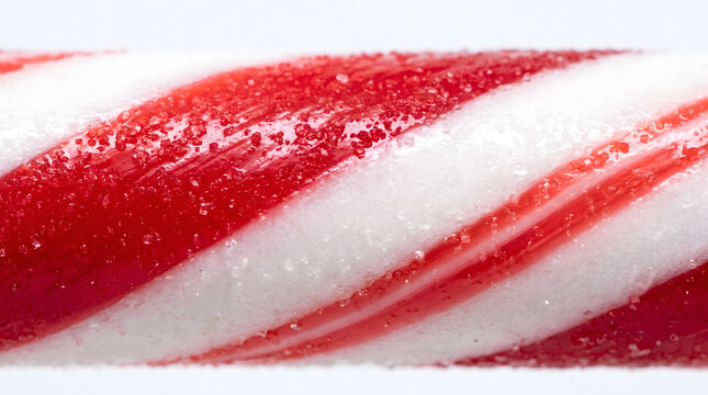 Close-up of red and white striped candy cane on holiday table. Festive peppermint confectionery detail with glossy texture and vibrant colors.