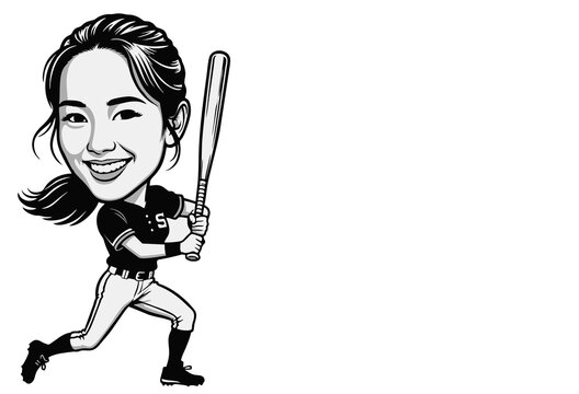 Softball Player cartoon caricature with Bat, ready to hit. Negative space stock illustration.