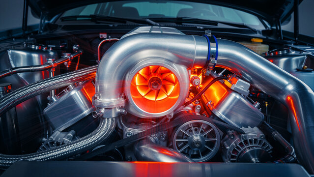 Powerful modified car engine featuring a glowing red hot turbocharger. Close up view of high performance automotive components and metal intake pipes. Performance tuning and engineering concept.