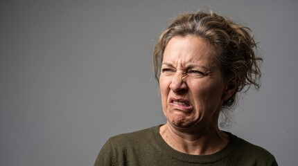 Fototapeta premium Woman Showing Disgusted Facial Expression on Neutral Background