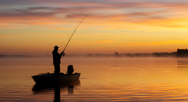 Fisherman standing on boat while fishing at sunset over lake  