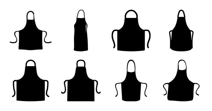 Black chef aprons with different neck styles - Eight stylish black aprons displayed with varied neck designs, ideal for culinary or kitchen-themed projects and branding.