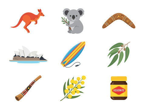 Australian symbols icon set vector illustration featuring iconic fauna landmarks and cultural items.