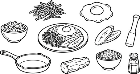 Traditional Arroz a la Cubana Cooking Concept with Fried Egg, Rice Bowl, Sliced Plantains, Bacon Strips, and Skillet Line Art Vector Illustration for Culinary Blogs, Menus, and Recipe Designs © Md Shujan islam