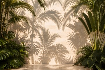 Fototapeta premium Tropical palm leaves shadow cast on beige stone wall background