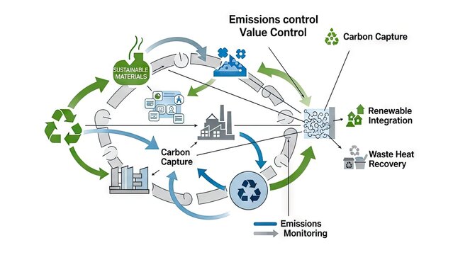 Diagram of sustainable emissions control and carbon capture process